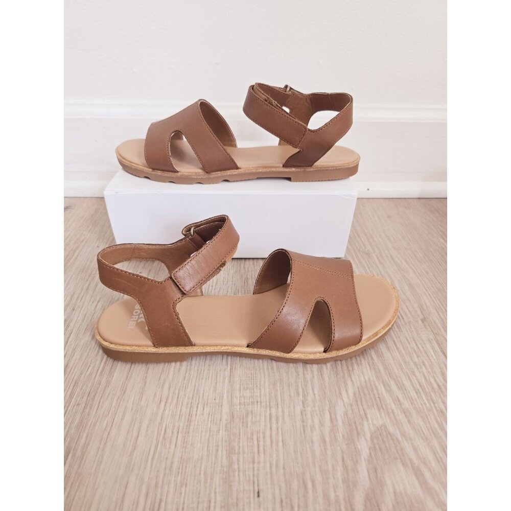 Sorel Ella III Ankle Strap Flat Sandals 9.5 Brown Leather Strappy Open Toe Shoes
